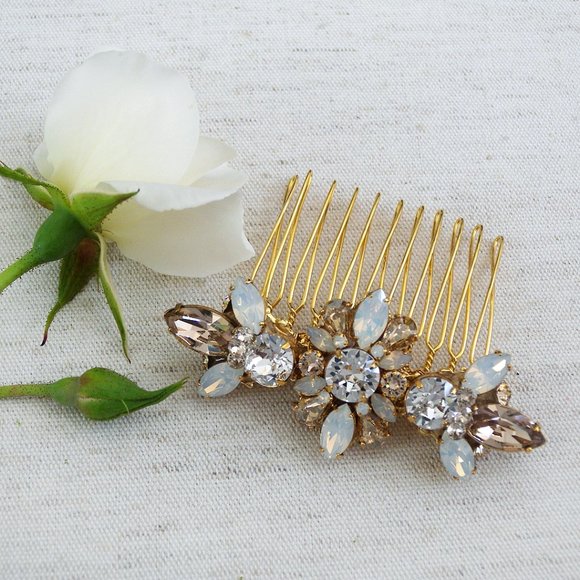 Haute Bride Small Crystal Bridal Hair Comb, Gold, Champagne, Opal NWT